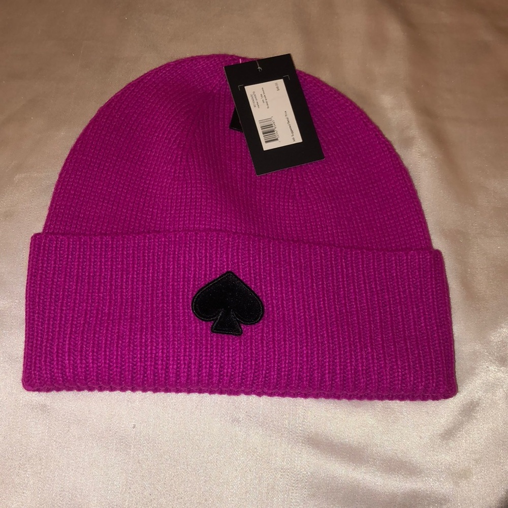 Kate Spade 100% Acrylic Ribbed Flocked Spade Knit Beanie Marker Pink OS NWT